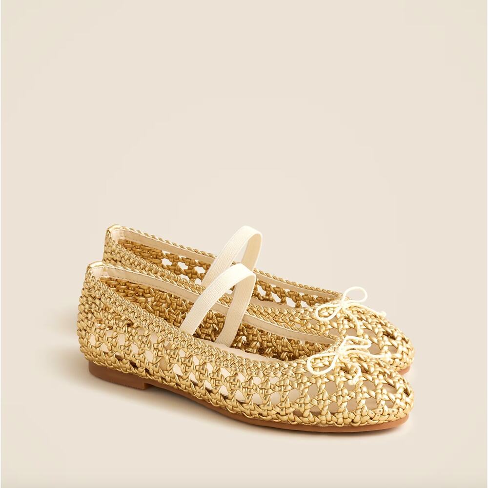 J. Crew Girls' Gold Woven Ballet Flats with Cream Strap